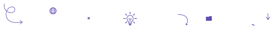 Icons in a row. Arrows, a globe, an x, a light bulb, a file folder, and a dash mark. Purple. 
